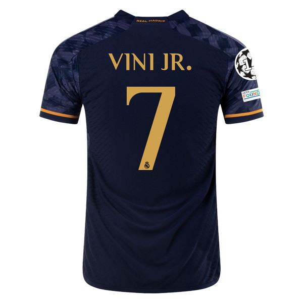 Real Madrid CF 2023-2024 away navy blue, gold, purple and gray jersey, back view